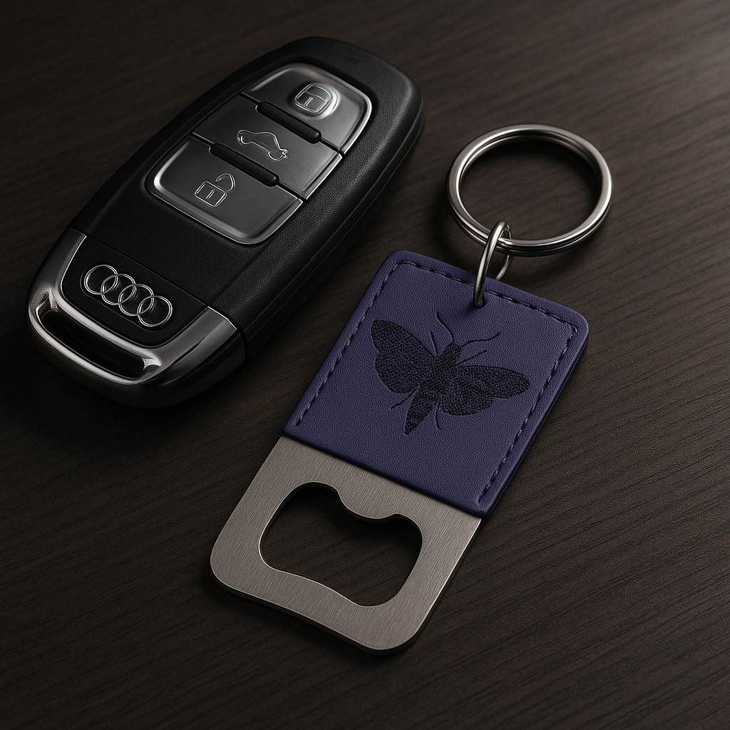 Blue Leather Keychain with Bottle opener customize laser engraving