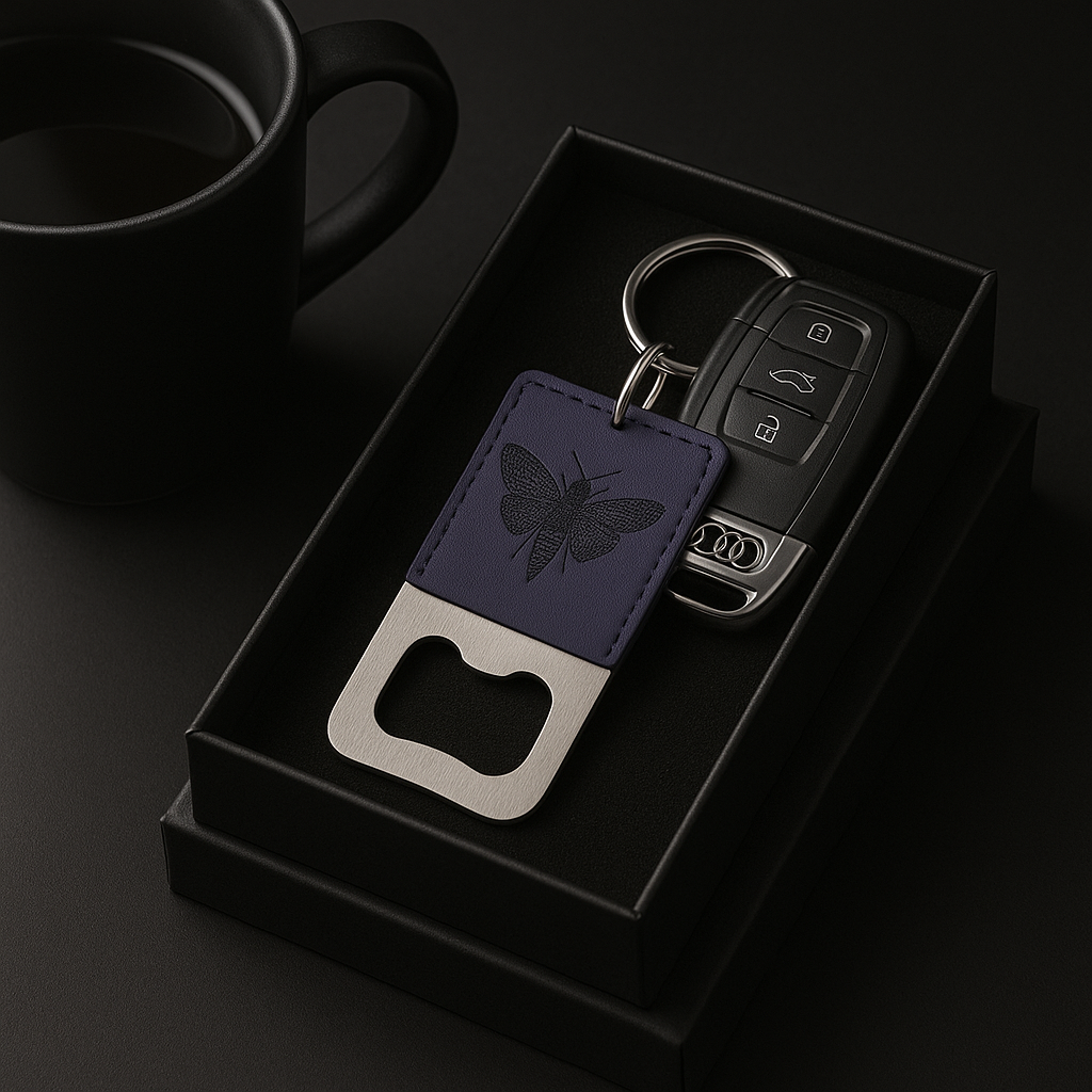 Blue Leather Keychain with Bottle opener customize laser engraving