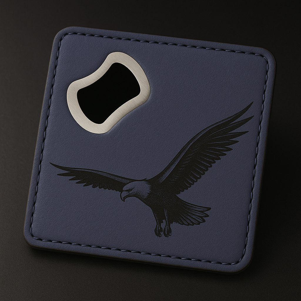 Leather Blue coaster wit engraving and bottle opener with Customize