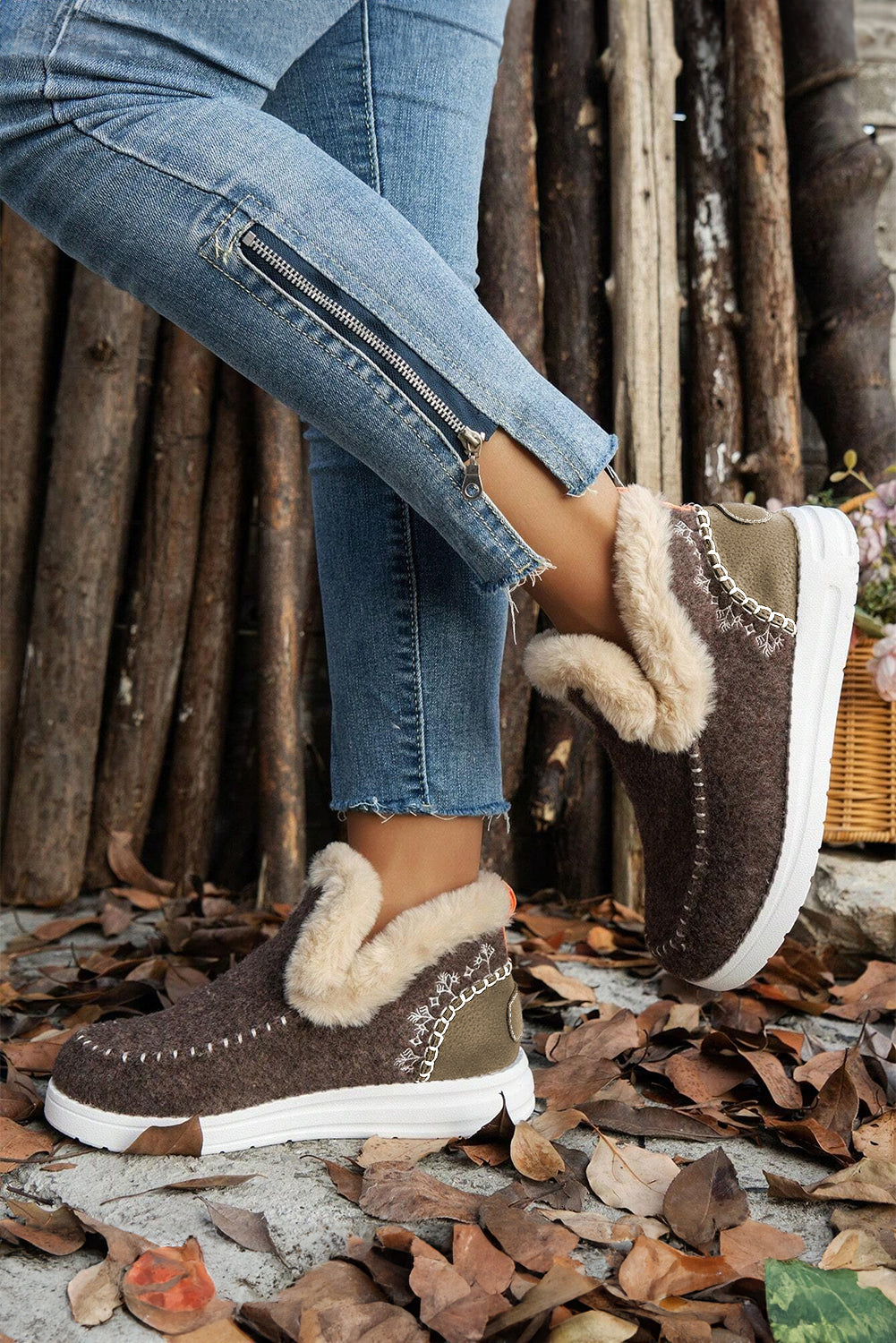 Anna Suede Stitching Plush Lined Anklet Boots