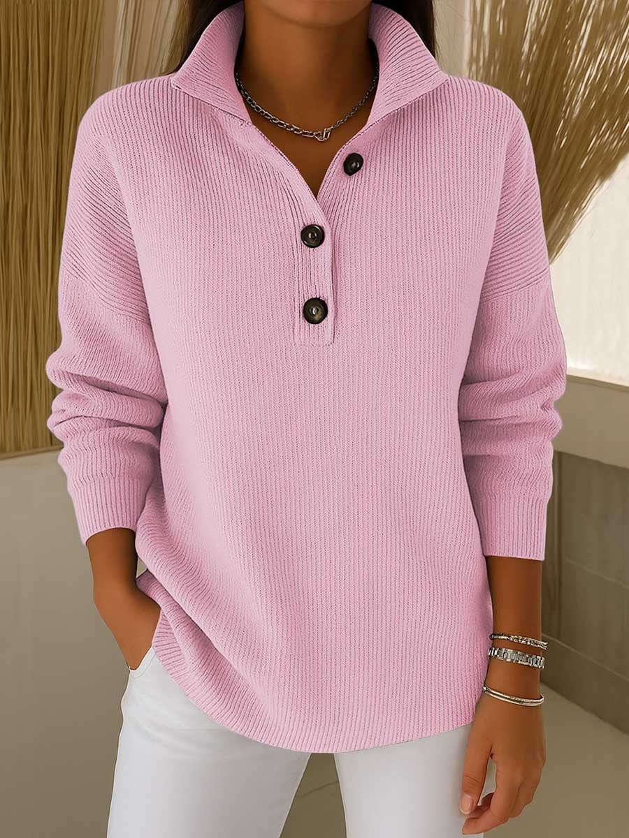 Printed Lapel Sweater Fashion Casual Long-sleeved Button Pullover Top Knitted Clothing For Women