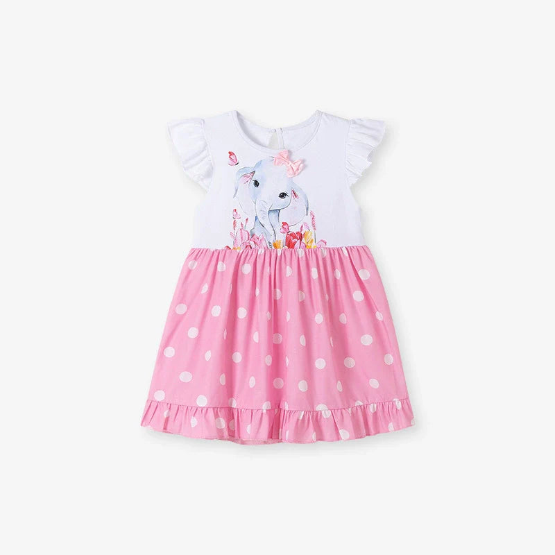 Summer Arrival Elephant Cartoon Pattern Fly Sleeves Color Patchwork Dress for Stylish Girls