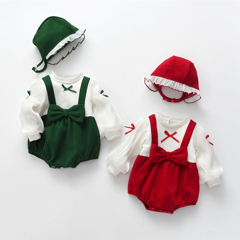 Baby False Pieces Design Bow Patched Design Long Sleeve bodysuit